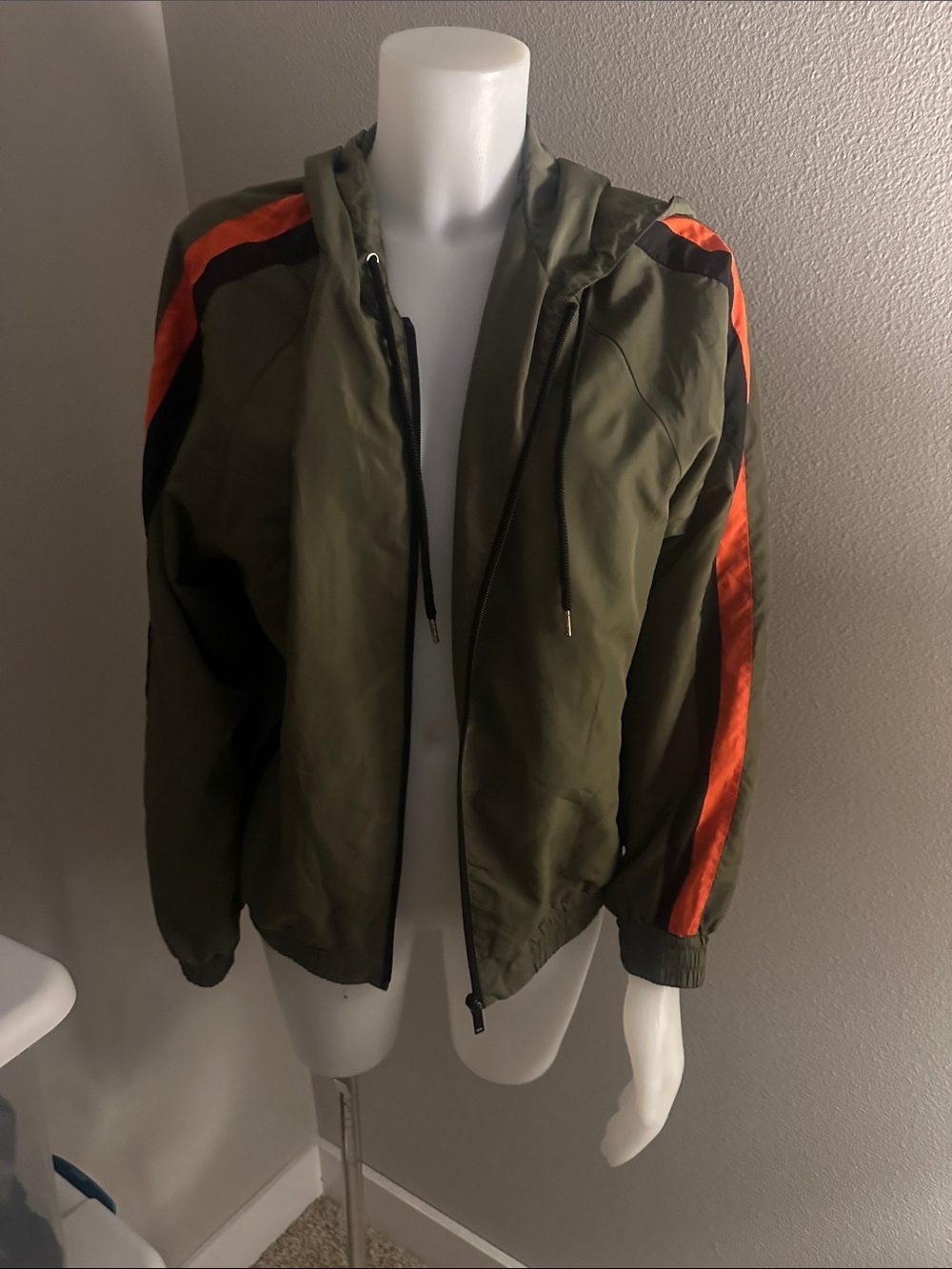 Forever 21 Olive Green Hooded Windbreaker with Orange and Black Stripes